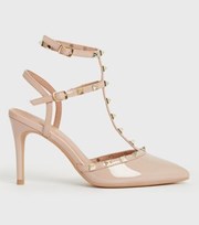 New Look Pale Pink Patent Studded Caged Stiletto Heel Court Shoes